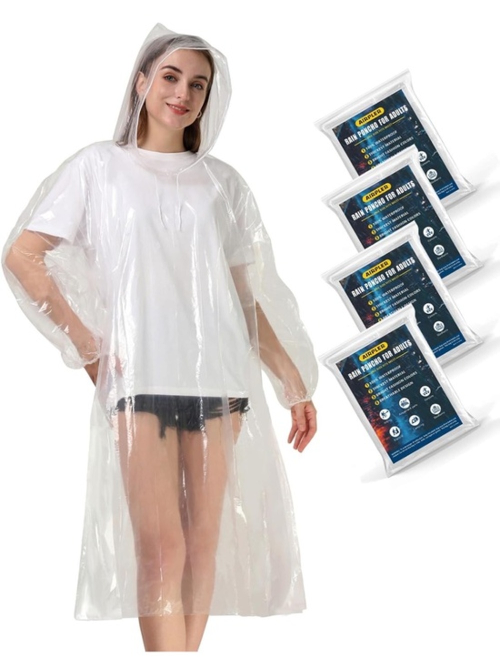 Clear Disposable Hooded Rain Poncho - Transparent